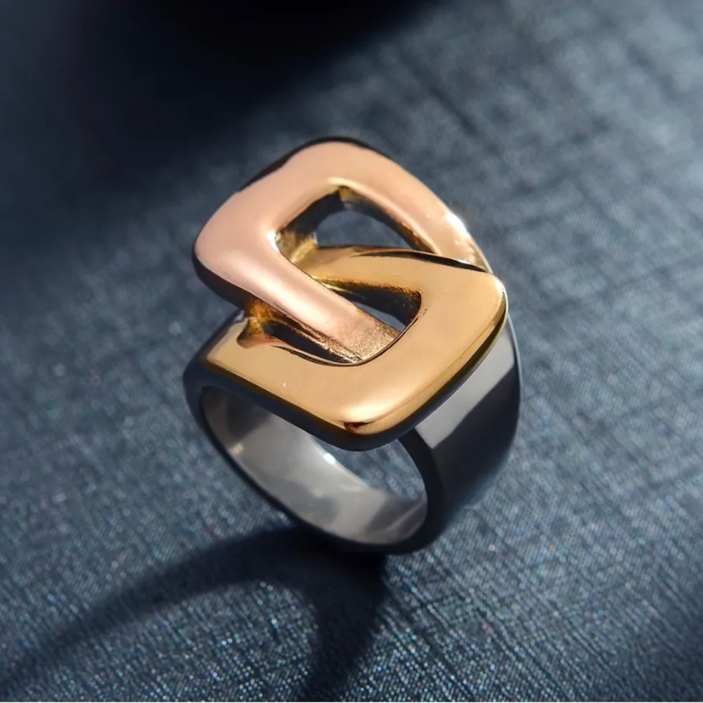 💙💚 Modern Geometric Statement Ring – 14K Gold Plated & Stainless Steel - Picture 10 of 14